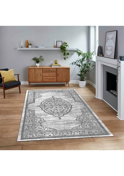 Dijital Baskılı Kaymaz Taban Yıkanabilir Klasik Desen Yolluk Salon Halısı, V-Klasik-15-Gri,