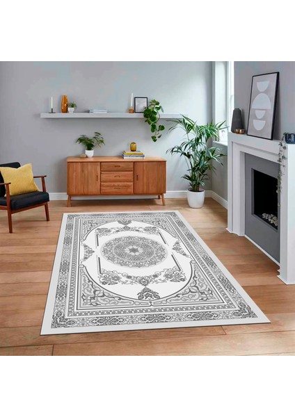 Dijital Baskılı Kaymaz Taban Yıkanabilir Klasik Desen Yolluk Salon Halısı, V-Klasik-17-Gri,