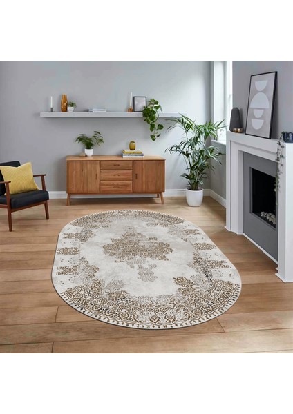 Dijital Kaymaz Taban Yıkanabilir Oval Klasik Desen Yolluk Salon Halısı, V-O-Klasik-22-Kahve,