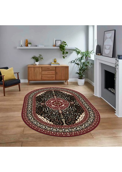 Dijital Kaymaz Taban Yıkanabilir Oval Klasik Desen Yolluk Salon Halısı, V-O-Klasik-26-Bordo,