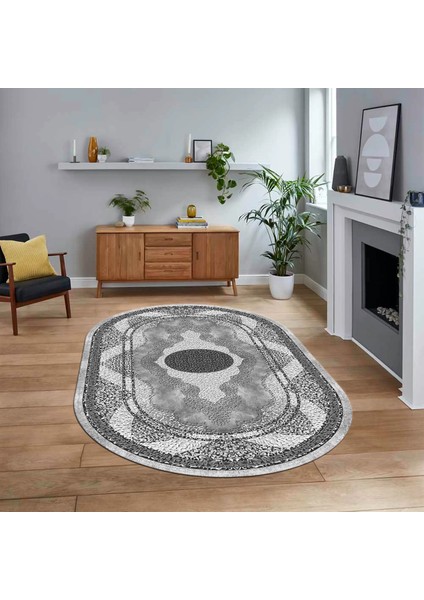 Dijital Kaymaz Taban Yıkanabilir Oval Klasik Desen Yolluk Salon Halısı, V-O-Klasik-24-Gri,