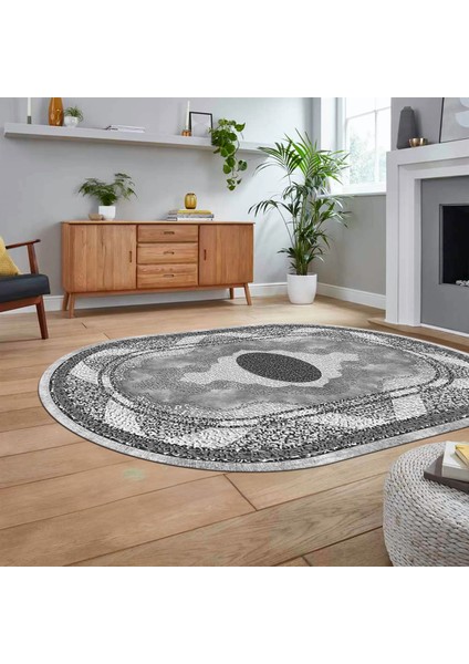 Dijital Kaymaz Taban Yıkanabilir Oval Klasik Desen Yolluk Salon Halısı, V-O-Klasik-24-Gri,