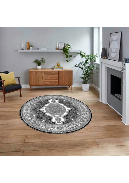 Dijital Kaymaz Taban Yıkanabilir Yuvarlak Klasik Desen Mutfak Salon Halısı, V-Y-Klasik-02-Antrasit,