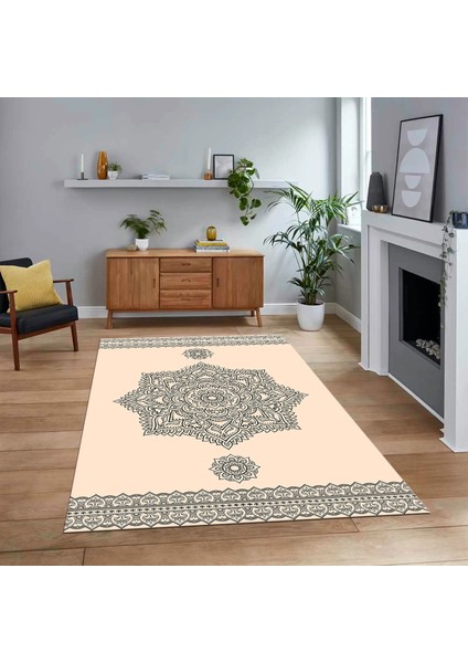 Dijital Baskılı Kaymaz Taban Yıkanabilir Klasik Desen Yolluk Salon Halısı, V-Klasik-30-Krem,