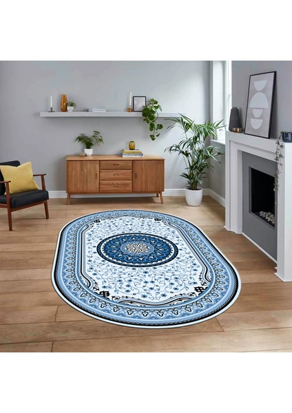 Dijital Kaymaz Taban Yıkanabilir Oval Klasik Desen Yolluk Salon Halısı, V-O-Klasik-18-Mavi,