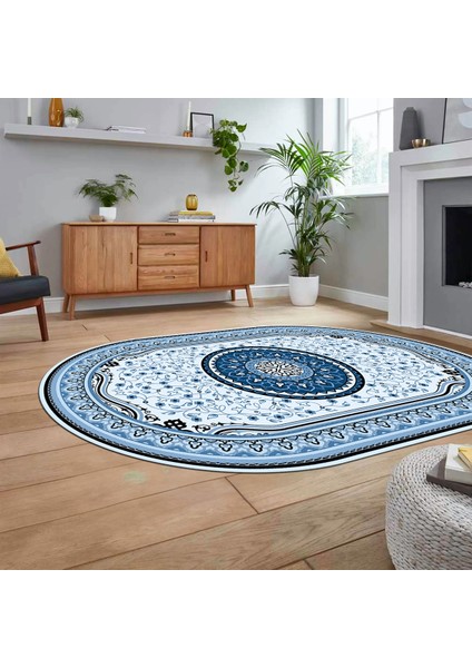 Dijital Kaymaz Taban Yıkanabilir Oval Klasik Desen Yolluk Salon Halısı, V-O-Klasik-18-Mavi, fiyatları
