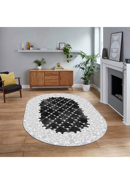 Dijital Kaymaz Taban Yıkanabilir Oval Klasik Desen Yolluk Salon Halısı, V-O-Klasik-04-Beyaz,