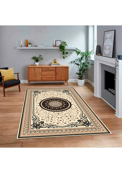 Dijital Baskılı Kaymaz Taban Yıkanabilir Klasik Desen Yolluk Salon Halısı, V-Klasik-18-Siyah,