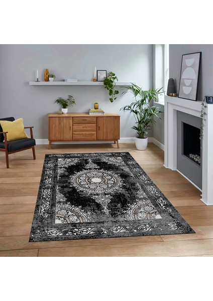 Dijital Baskılı Kaymaz Taban Yıkanabilir Klasik Desen Yolluk Salon Halısı, V-Klasik-25-Siyah,