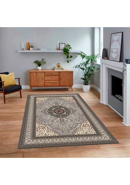 Dijital Baskılı Kaymaz Taban Yıkanabilir Klasik Desen Yolluk Salon Halısı, V-Klasik-26-Gri,