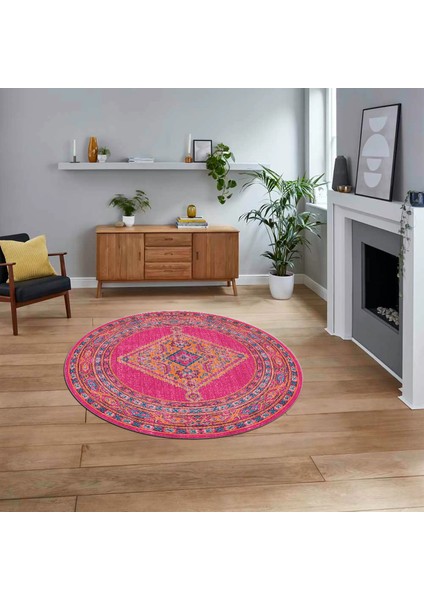 Dijital Kaymaz Taban Yıkanabilir Yuvarlak Klasik Desen Mutfak Salon Halısı, V-Y-Klasik-06-Pembe,