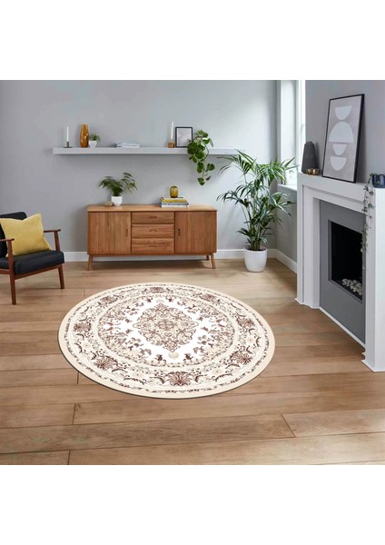Dijital Kaymaz Taban Yıkanabilir Yuvarlak Klasik Desen Mutfak Salon Halısı, V-Y-Klasik-23-Krem,