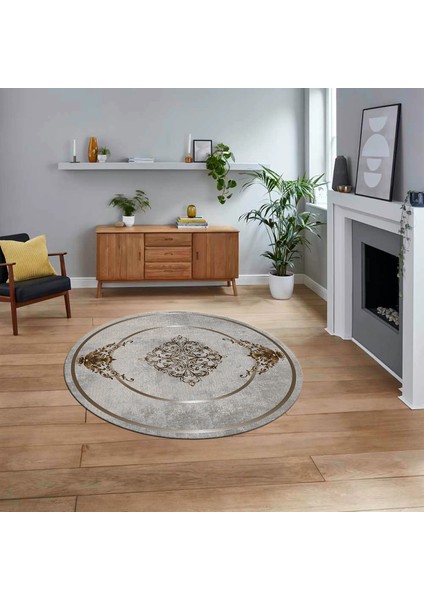 Dijital Kaymaz Taban Yıkanabilir Yuvarlak Klasik Desen Mutfak Salon Halısı, V-Y-Klasik-05-Kahve,