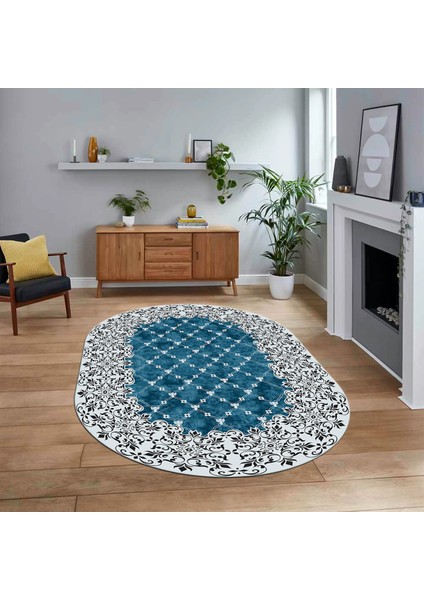 Dijital Kaymaz Taban Yıkanabilir Oval Klasik Desen Yolluk Salon Halısı, V-O-Klasik-04-Mavi,
