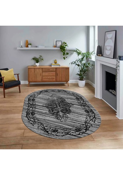 Dijital Kaymaz Taban Yıkanabilir Oval Klasik Desen Yolluk Salon Halısı, V-O-Klasik-11-Antrasit,