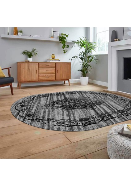 Dijital Kaymaz Taban Yıkanabilir Oval Klasik Desen Yolluk Salon Halısı, V-O-Klasik-11-Antrasit,