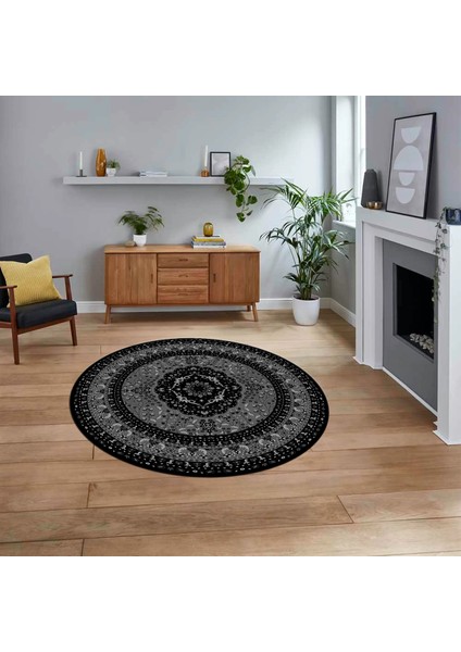 Dijital Kaymaz Taban Yıkanabilir Yuvarlak Klasik Desen Mutfak Salon Halısı, V-Y-Klasik-26-Siyah,