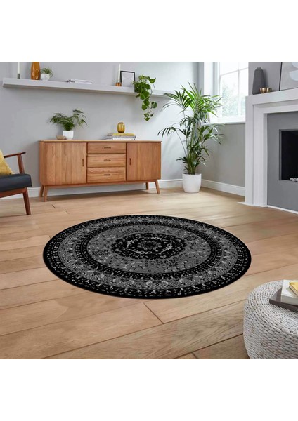Dijital Kaymaz Taban Yıkanabilir Yuvarlak Klasik Desen Mutfak Salon Halısı, V-Y-Klasik-26-Siyah,
