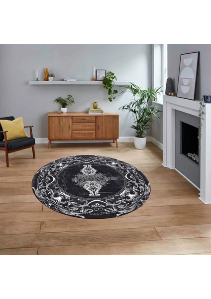 Dijital Kaymaz Taban Yıkanabilir Yuvarlak Klasik Desen Mutfak Salon Halısı, V-Y-Klasik-28-Antrasit,