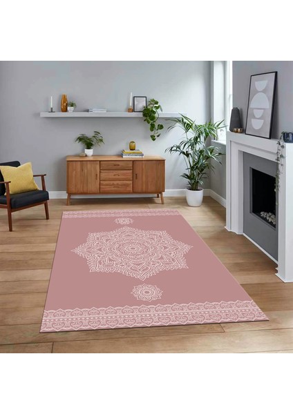 Dijital Baskılı Kaymaz Taban Yıkanabilir Klasik Desen Yolluk Salon Halısı, V-Klasik-30-Pembe,