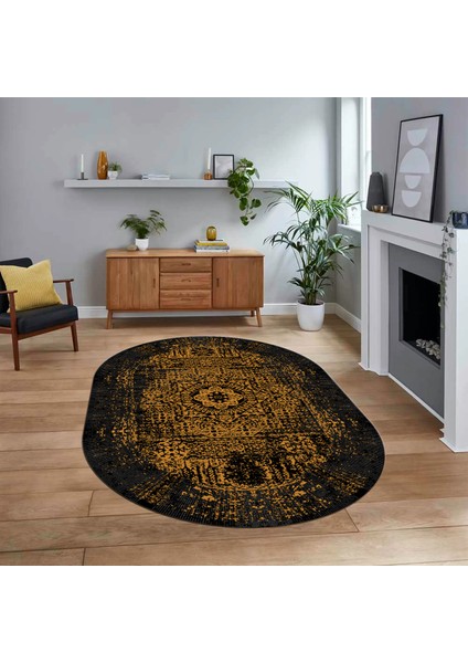 Dijital Kaymaz Taban Yıkanabilir Oval Klasik Desen Yolluk Salon Halısı, V-O-Klasik-12-Sarı,