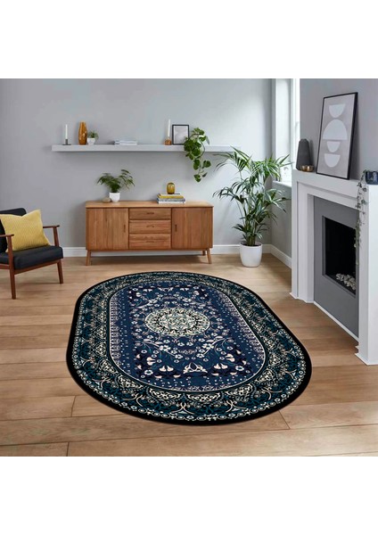 Dijital Kaymaz Taban Yıkanabilir Oval Klasik Desen Yolluk Salon Halısı, V-O-Klasik-14-Mavi,