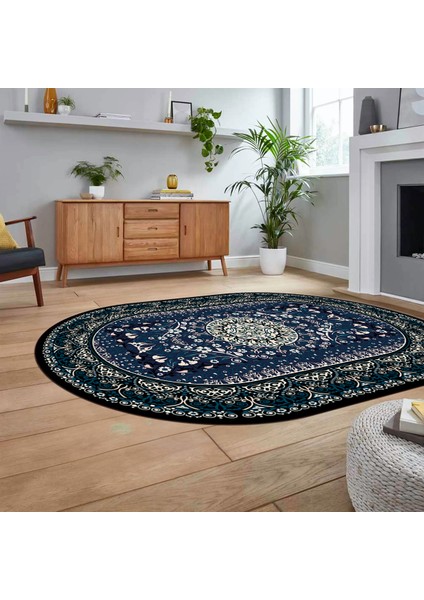 Dijital Kaymaz Taban Yıkanabilir Oval Klasik Desen Yolluk Salon Halısı, V-O-Klasik-14-Mavi, fiyatları