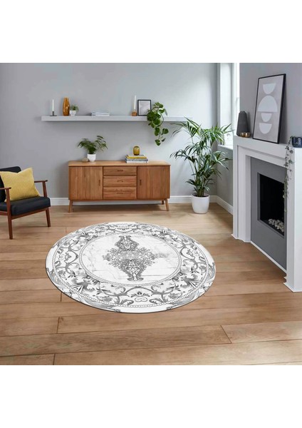 Dijital Kaymaz Taban Yıkanabilir Yuvarlak Klasik Desen Mutfak Salon Halısı, V-Y-Klasik-28-Beyaz,