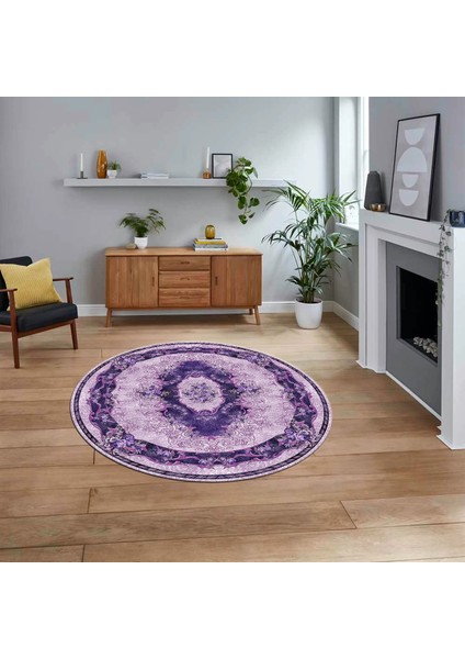 Dijital Kaymaz Taban Yıkanabilir Yuvarlak Klasik Desen Mutfak Salon Halısı, V-Y-Klasik-29-Mor,