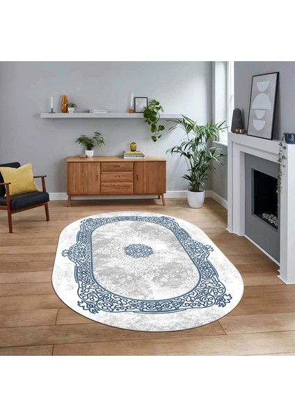 Dijital Kaymaz Taban Yıkanabilir Oval Klasik Desen Yolluk Salon Halısı, V-O-Klasik-20-Mavi,
