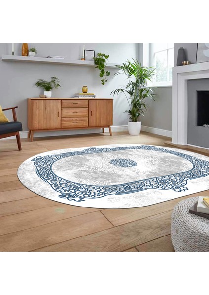 Dijital Kaymaz Taban Yıkanabilir Oval Klasik Desen Yolluk Salon Halısı, V-O-Klasik-20-Mavi, fiyatları