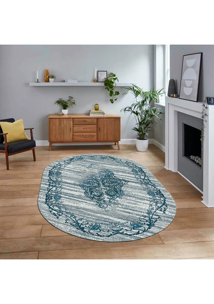 Dijital Kaymaz Taban Yıkanabilir Oval Klasik Desen Yolluk Salon Halısı, V-O-Klasik-11-Mavi,