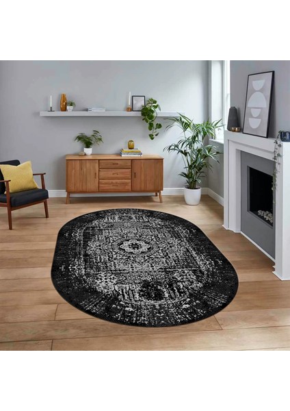 Dijital Kaymaz Taban Yıkanabilir Oval Klasik Desen Yolluk Salon Halısı, V-O-Klasik-12-Antrasit,