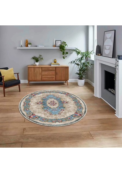 Dijital Kaymaz Taban Yıkanabilir Yuvarlak Klasik Desen Mutfak Salon Halısı, V-Y-Klasik-29-Mavi,