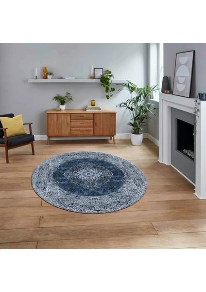 Dijital Kaymaz Taban Yıkanabilir Yuvarlak Klasik Desen Mutfak Salon Halısı, V-Y-Klasik-07-Mavi,