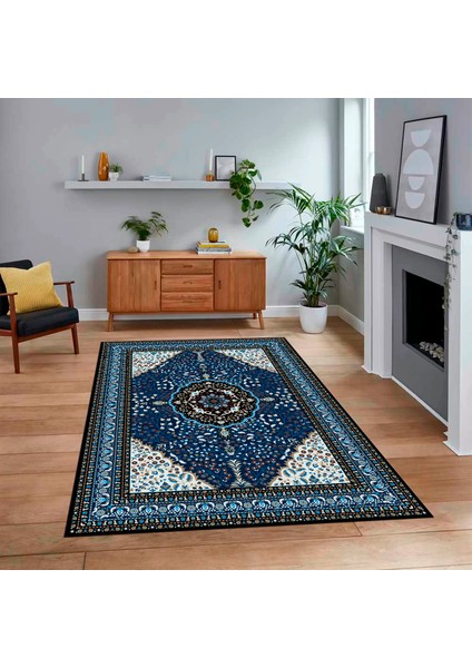 Dijital Baskılı Kaymaz Taban Yıkanabilir Klasik Desen Yolluk Salon Halısı, V-Klasik-26-Lacivert,