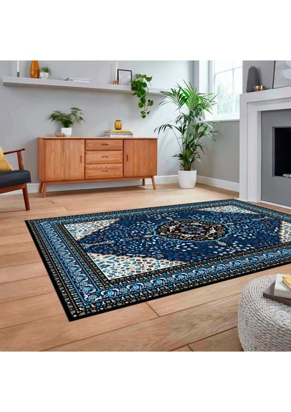 Dijital Baskılı Kaymaz Taban Yıkanabilir Klasik Desen Yolluk Salon Halısı, V-Klasik-26-Lacivert, fiyatları