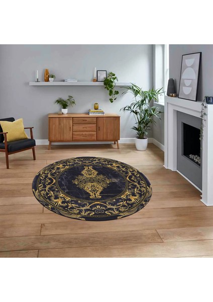 Dijital Kaymaz Taban Yıkanabilir Yuvarlak Klasik Desen Mutfak Salon Halısı, V-Y-Klasik-28-Gold,