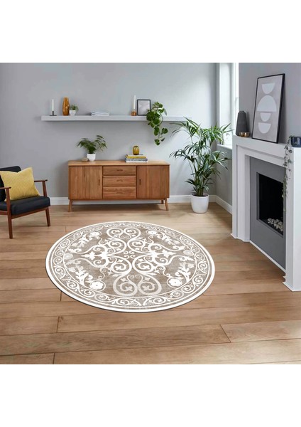 Dijital Kaymaz Taban Yıkanabilir Yuvarlak Klasik Desen Mutfak Salon Halısı, V-Y-Klasik-09-Kahve,
