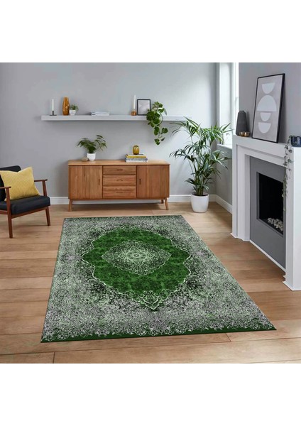 Dijital Baskılı Kaymaz Taban Yıkanabilir Klasik Desen Yolluk Salon Halısı, V-Klasik-07-Yeşil,
