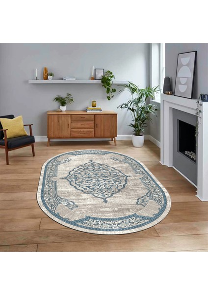 Dijital Kaymaz Taban Yıkanabilir Oval Klasik Desen Yolluk Salon Halısı, V-O-Klasik-15-Mavi,