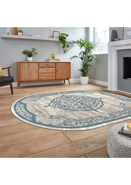 Dijital Kaymaz Taban Yıkanabilir Oval Klasik Desen Yolluk Salon Halısı, V-O-Klasik-15-Mavi, fiyatları