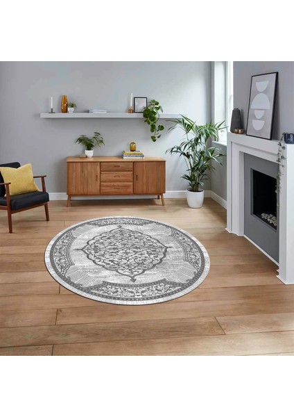 Dijital Kaymaz Taban Yıkanabilir Yuvarlak Klasik Desen Mutfak Salon Halısı, V-Y-Klasik-15-Gri,