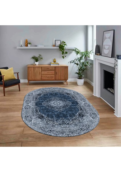 Dijital Kaymaz Taban Yıkanabilir Oval Klasik Desen Yolluk Salon Halısı, V-O-Klasik-07-Mavi,