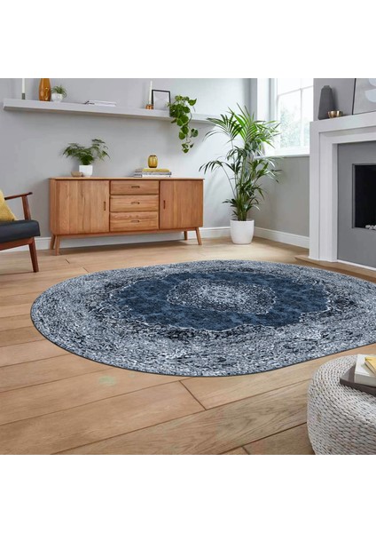 Dijital Kaymaz Taban Yıkanabilir Oval Klasik Desen Yolluk Salon Halısı, V-O-Klasik-07-Mavi,