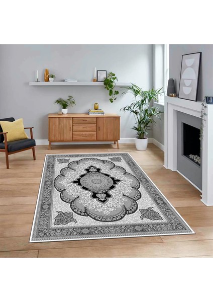 Dijital Baskılı Kaymaz Taban Yıkanabilir Klasik Desen Yolluk Salon Halısı, V-Klasik-02-Gri,