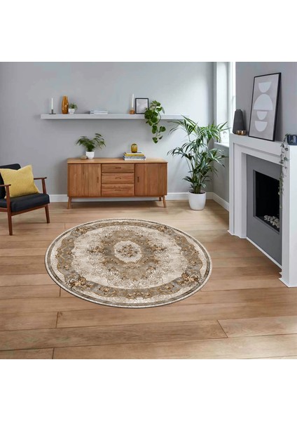Dijital Kaymaz Taban Yıkanabilir Yuvarlak Klasik Desen Mutfak Salon Halısı, V-Y-Klasik-29-Kahve,