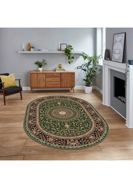 Dijital Kaymaz Taban Yıkanabilir Oval Klasik Desen Yolluk Salon Halısı, V-O-Klasik-21-Yeşil,