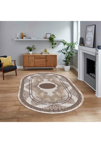 Dijital Kaymaz Taban Yıkanabilir Oval Klasik Desen Yolluk Salon Halısı, V-O-Klasik-24-Kahve,