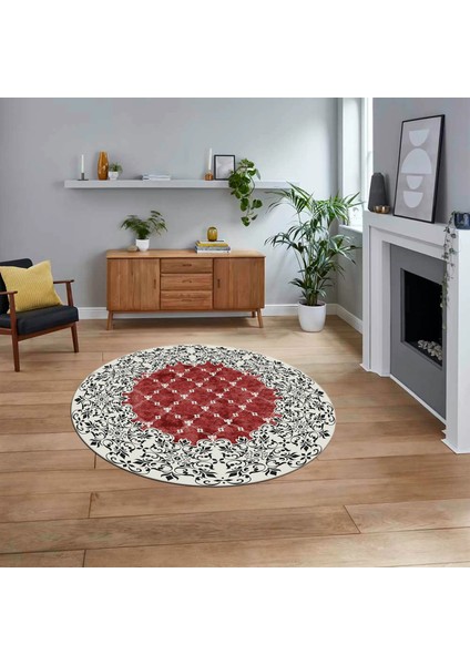 Dijital Kaymaz Taban Yıkanabilir Yuvarlak Klasik Desen Mutfak Salon Halısı, V-Y-Klasik-04-Bordo,